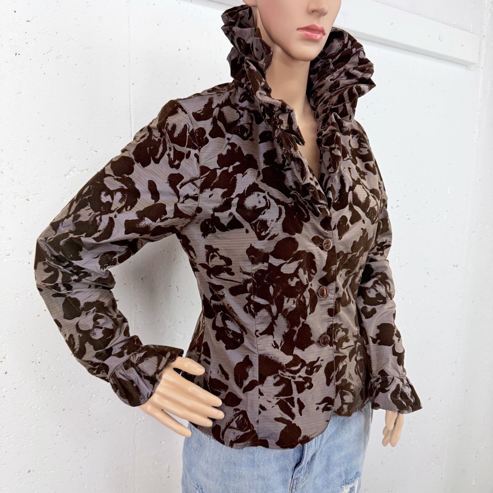 Anne Fontaine Women’s size 2 Brown Floral Velvet Burnout Ruffle Collar Jacket